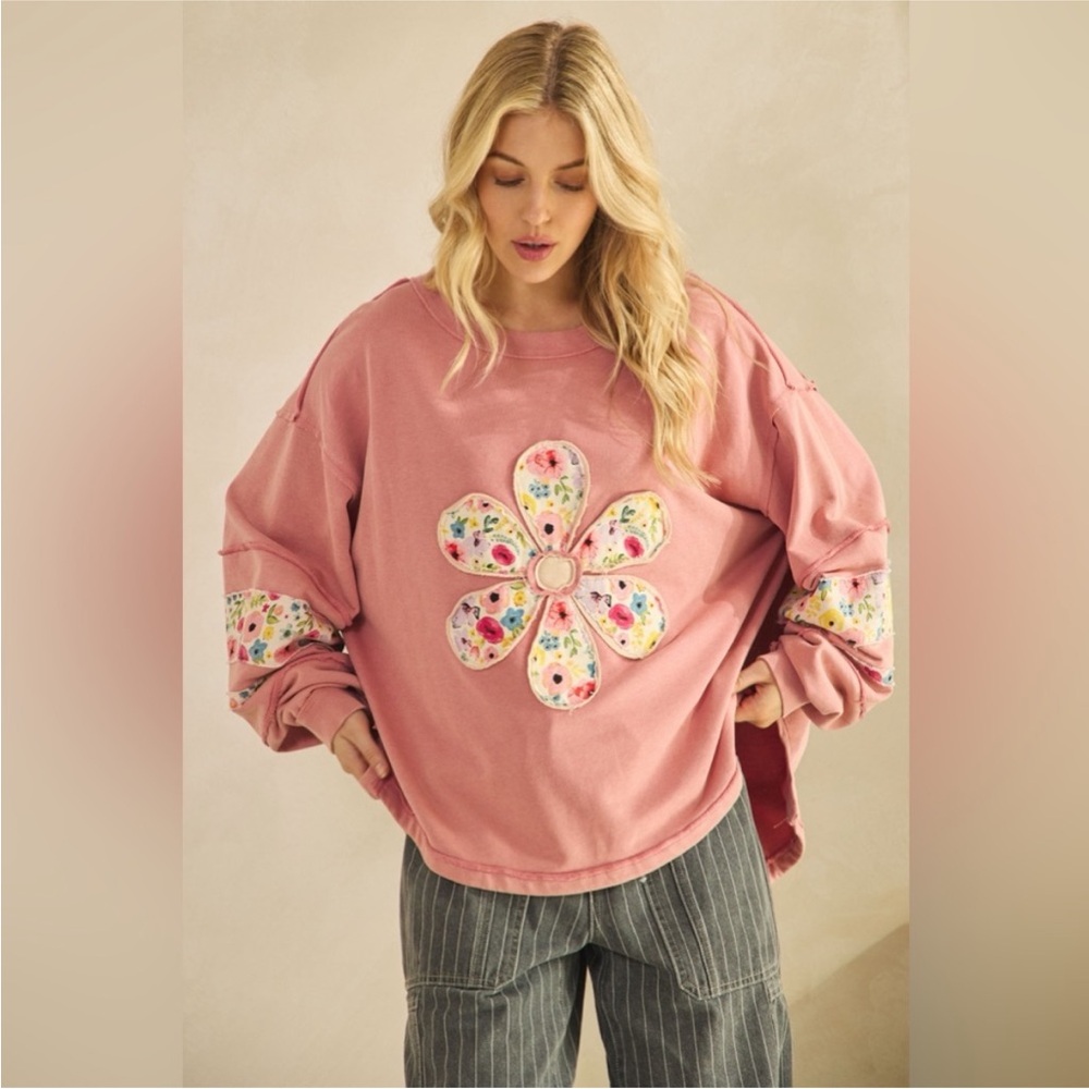 SAGE + FIG- Floral Pink Crew Neck Sweater